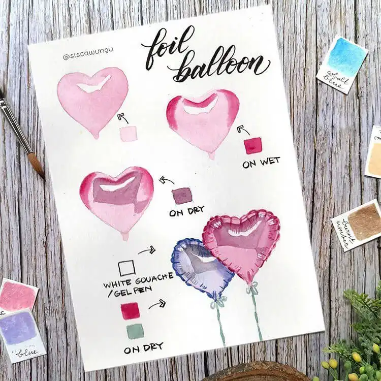 Watercolor painting of a shiny heart-shaped foil balloon with 3D effects.