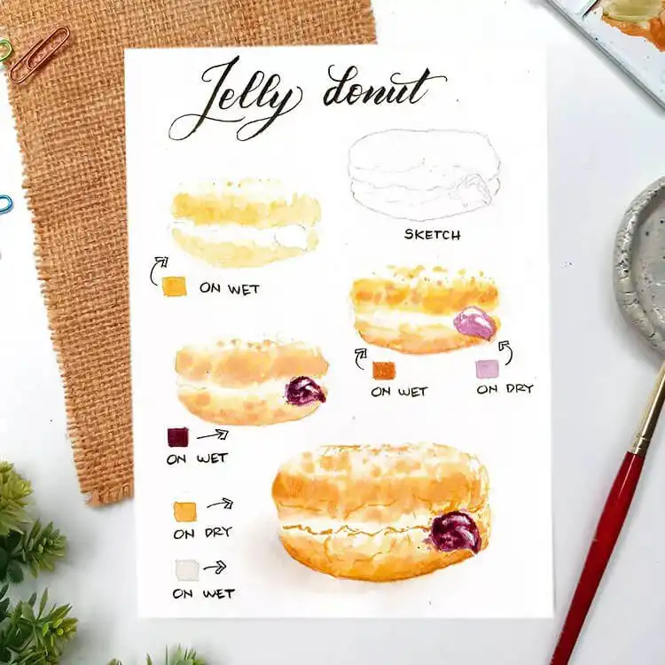 Watercolor painting of a jelly donut with golden crust and glistening red jelly.