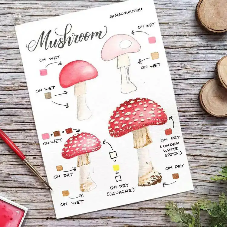 Watercolor illustration of a detailed mushroom with cap variations and delicate gills.