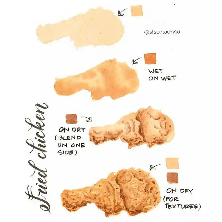Watercolor painting of golden-brown fried chicken, highlighting crispy textures.