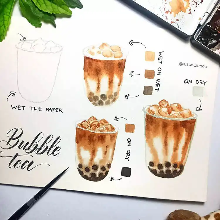 Watercolor painting of bubble tea in a clear glass, showing layers and pearls.
