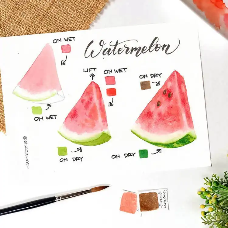 Juicy watercolor painting of a watermelon slice with vibrant pink flesh and green rind.