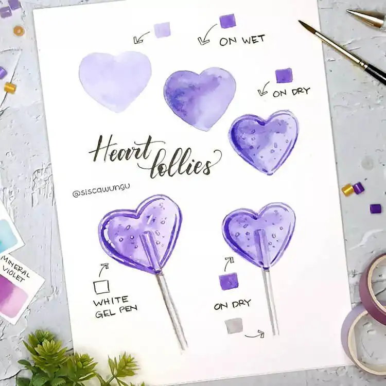 Watercolor painting of a shiny heart-shaped lollipop, showing transparency.