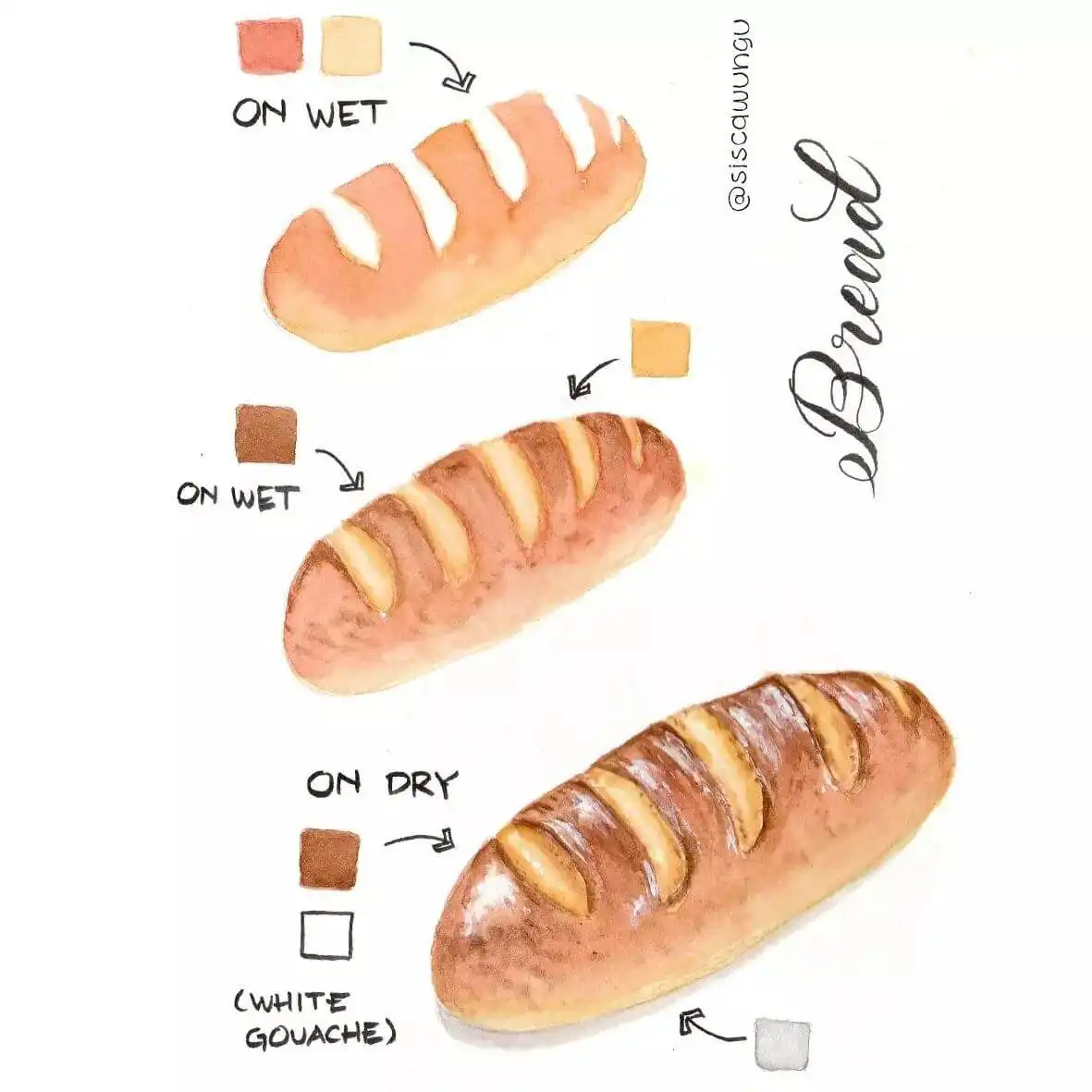 Watercolor painting of a rustic loaf of bread with a textured golden crust.