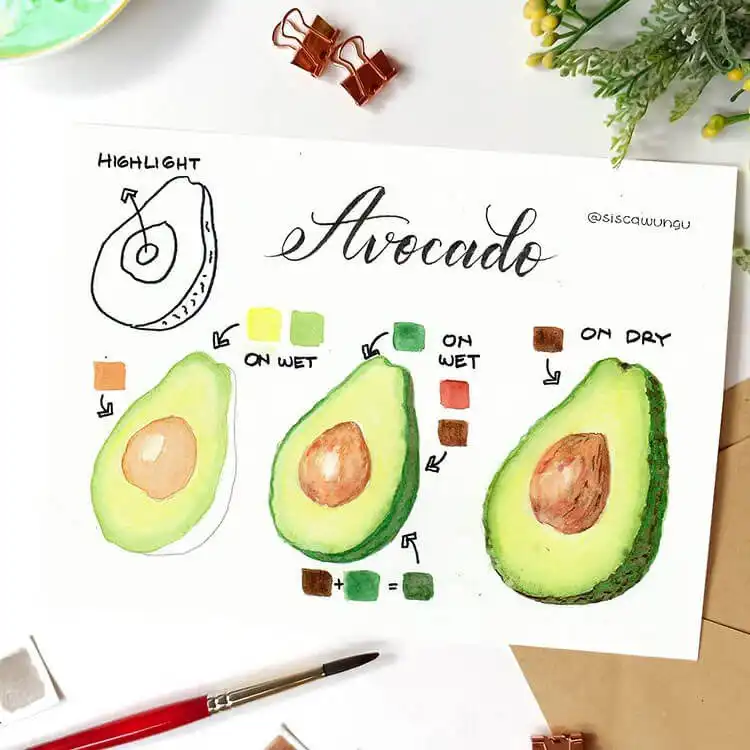 Watercolor painting of an avocado half, showing its creamy flesh, pit, and textured green skin.