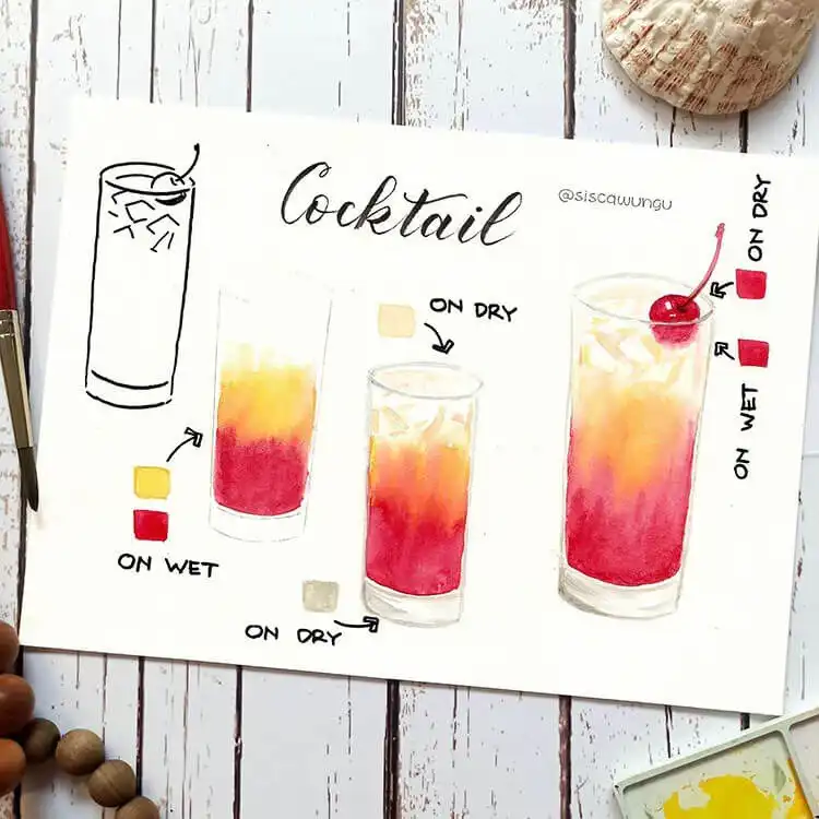 Watercolor painting of a refreshing cocktail in a glass, with ice and garnish, showing light refraction.