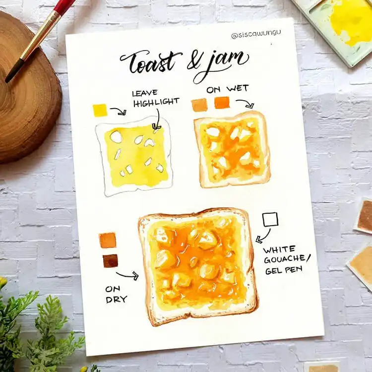 Watercolor painting of a slice of golden-brown toast with a dollop of red jam.
