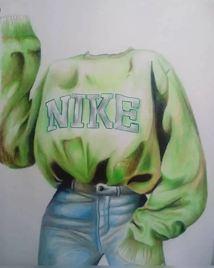 Green Nike sweater drawing reference, illustrating fabric texture and logo details