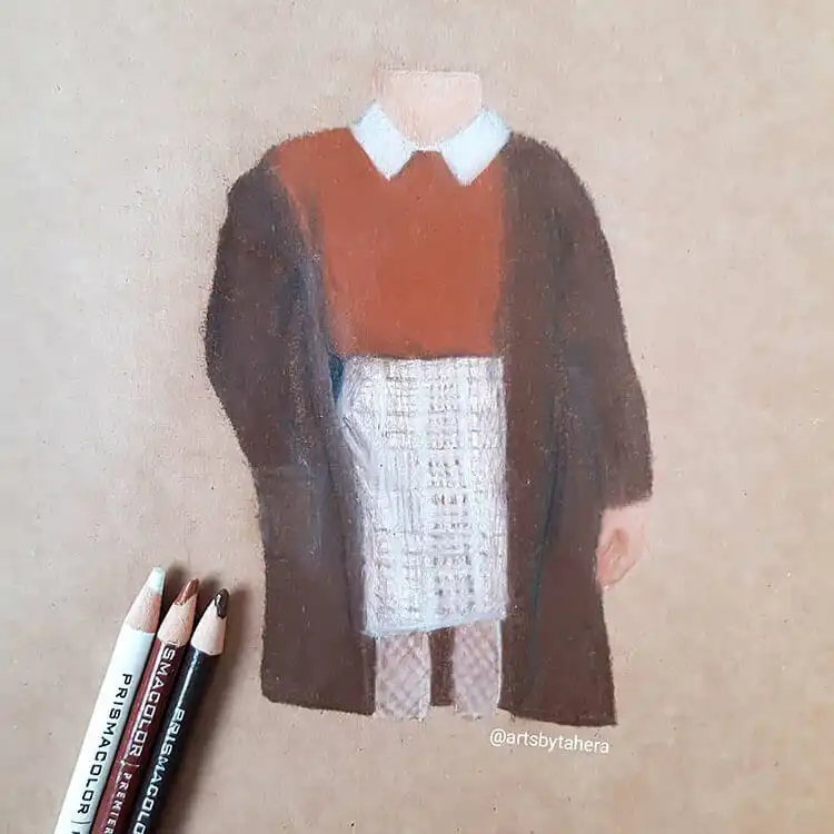 Dark academia outfit illustration, featuring muted colors and classic scholarly attire