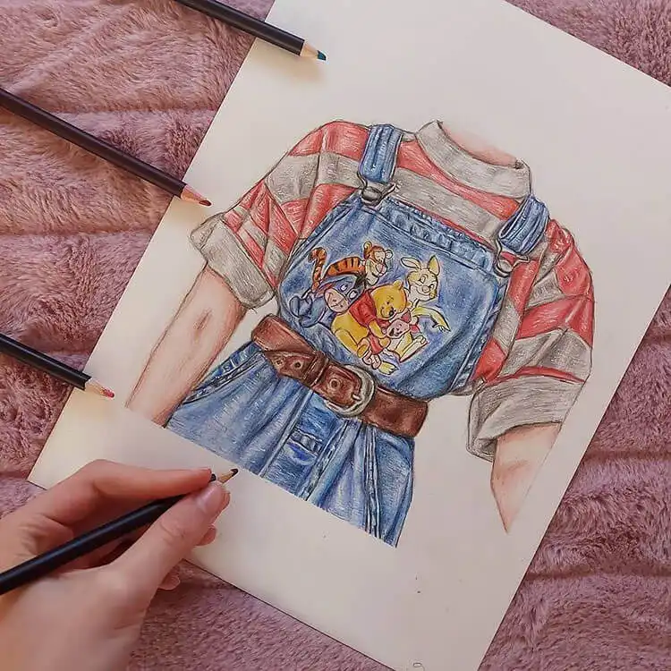 Winnie the Pooh themed overalls drawing, adding character art to fashion illustration