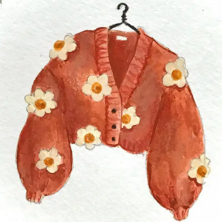 Trendy flower cardigan drawing, showing intricate patterns and knit texture