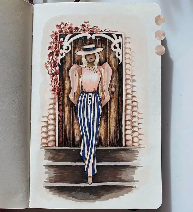 High fashion drawing of a woman in pinstripe pants, emphasizing elegant lines and fabric
