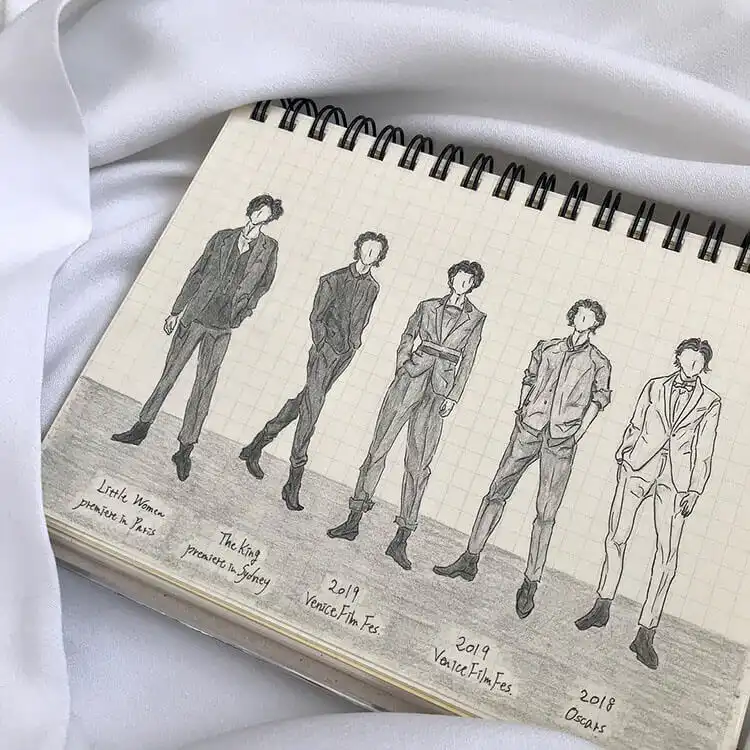 Sketchbook page with five different men's outfits, offering varied fashion inspiration