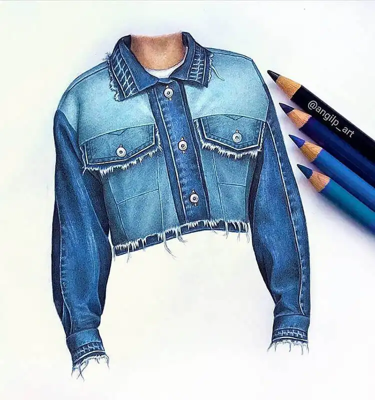 Classic denim jacket drawing, focusing on texture, stitching, and garment structure