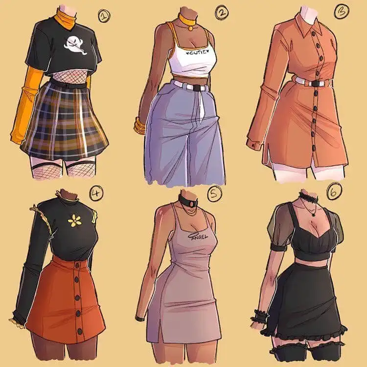 Illustration showing six different outfits for inspiration, ideal for comparative study