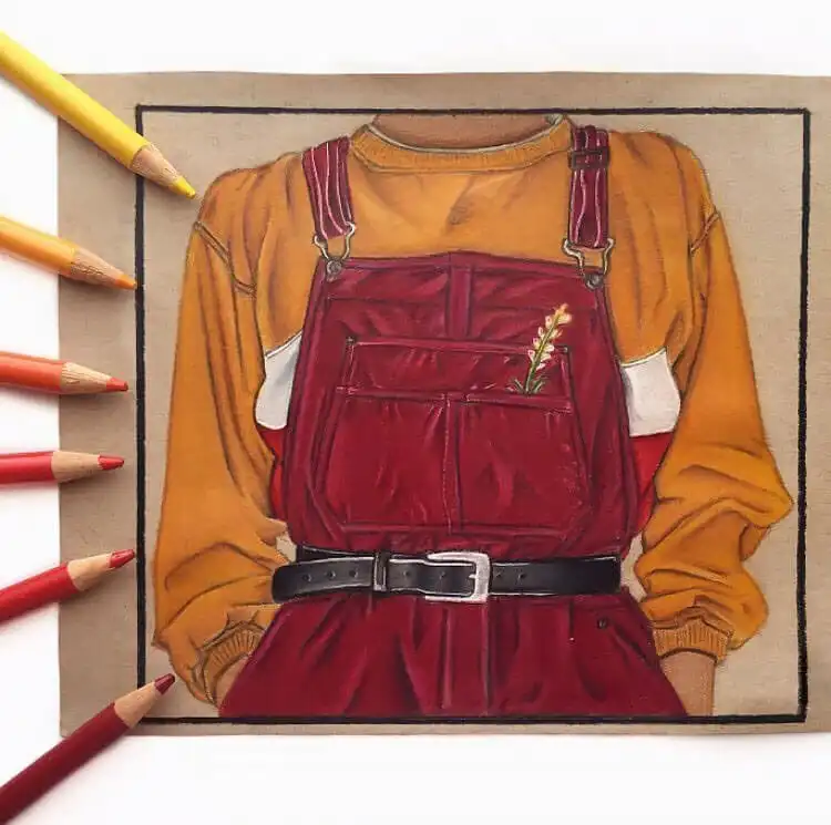 Red overalls with a belt drawing idea, showing fabric folds and a flower detail