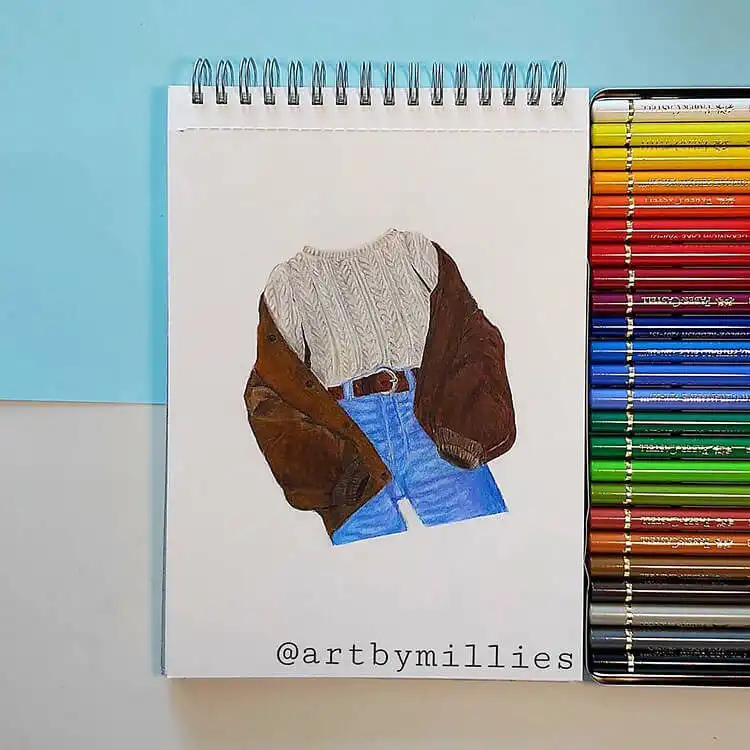 Fall outfit drawing featuring a suede jacket, sweater, and jeans, emphasizing layers and autumnal colors