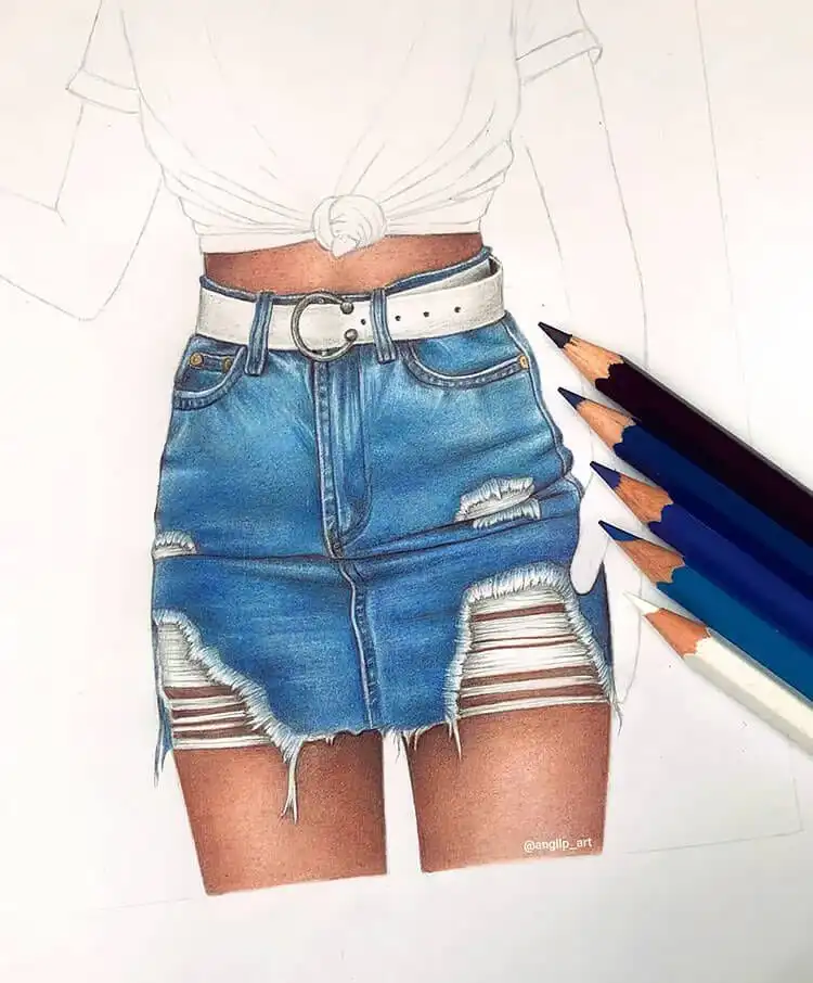 Realistic blue denim skirt drawing, highlighting textured fabric and white belt detail