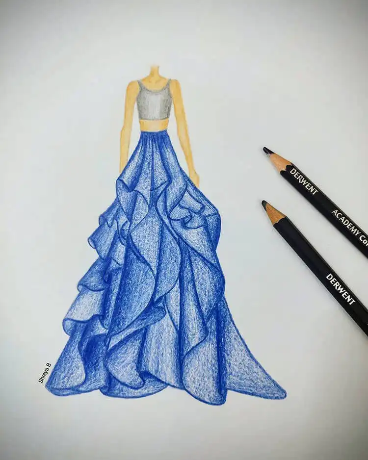Long blue skirt paired with a gray crop top, a runway-style drawing reference