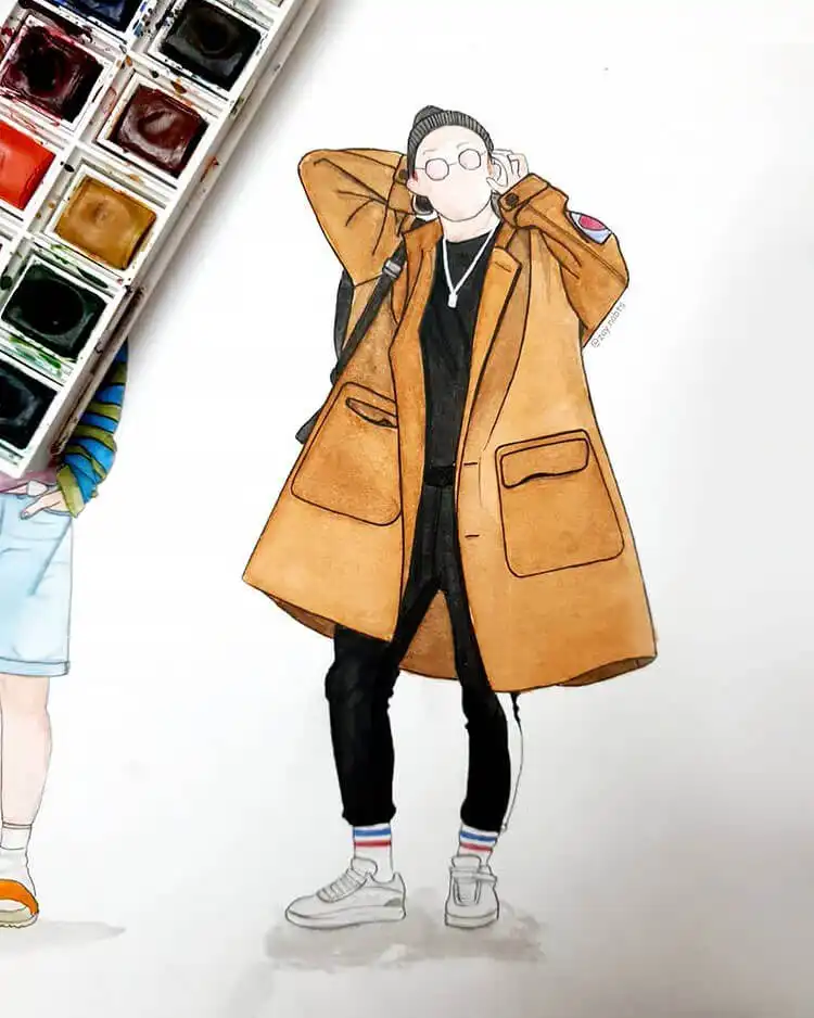 Stylish man wearing a tan long coat with trendy track pants, an outfit drawing reference