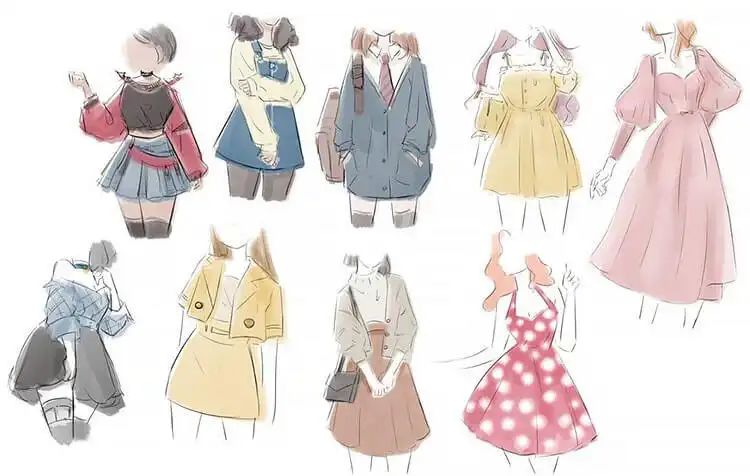Illustration showcasing nine different outfits for women, offering varied styles