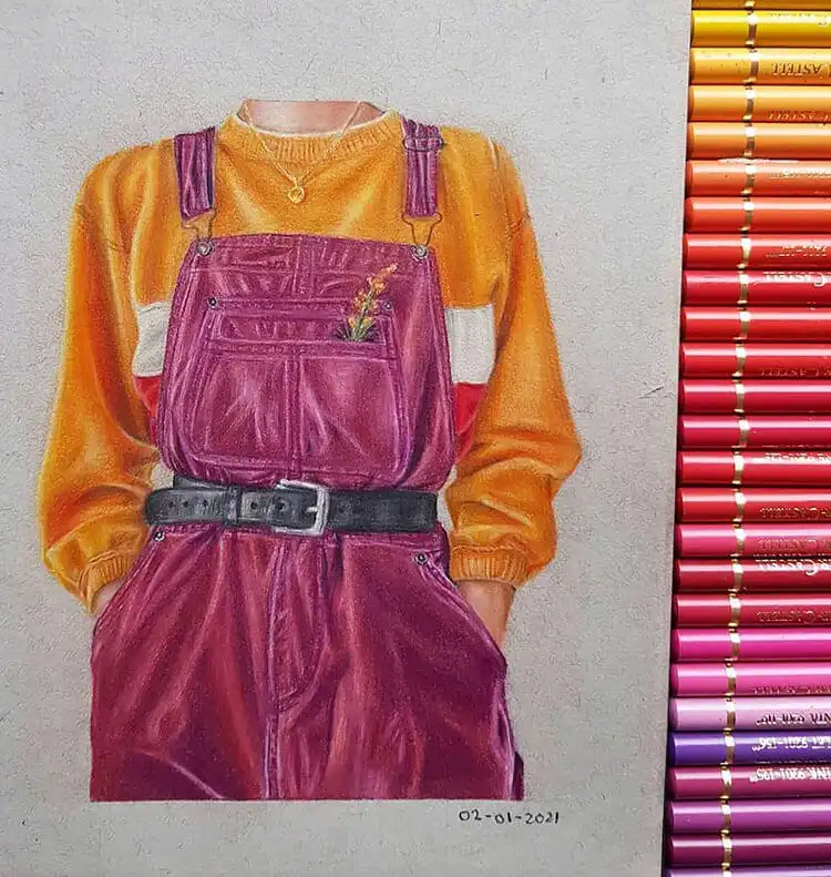 Pink overalls layered with a sweater and belt, featuring a flower in the pocket