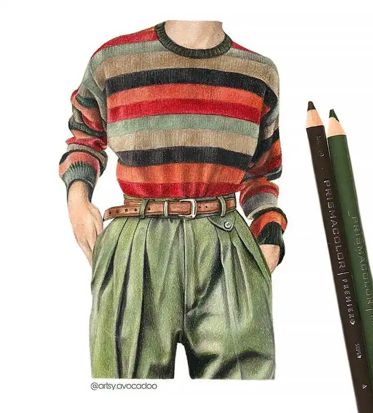 Striped sweater with green pleated pants, perfect for practicing drawing fabric pleats