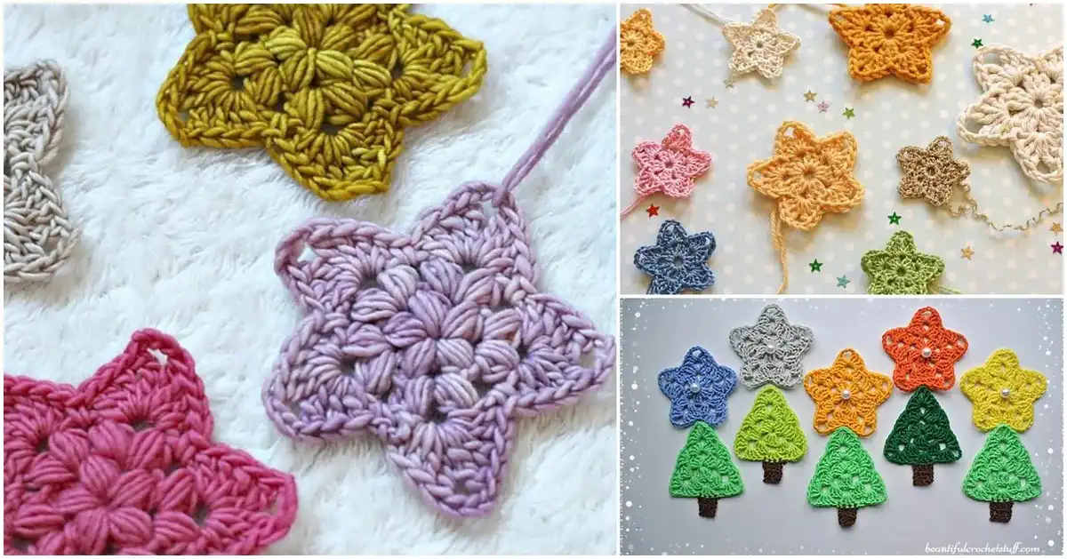 A collection of 3 Easy Christmas Star Ornament Patterns for Beginners, showcasing various crochet star designs.