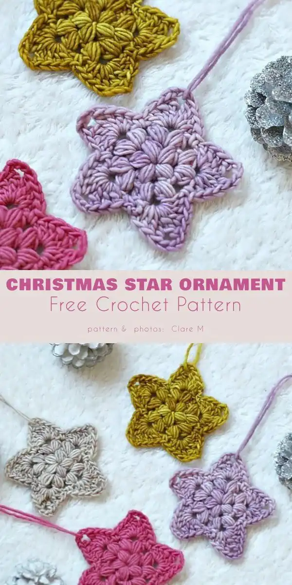 Close-up of a crocheted Christmas Star Ornament, featuring the distinct bobble stitch texture in white yarn.