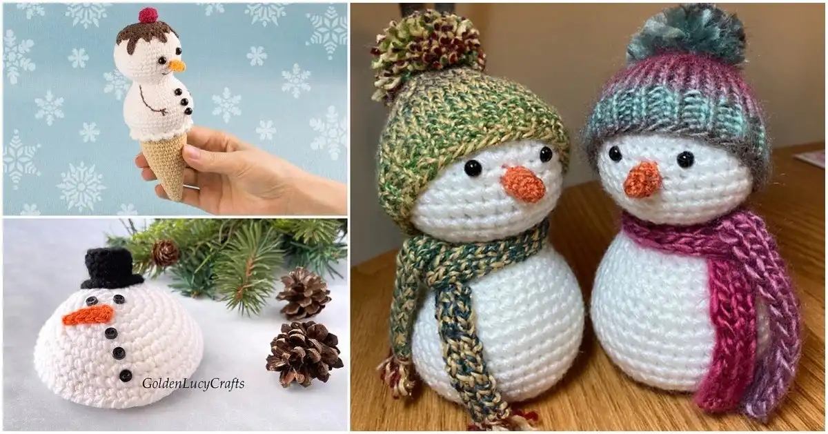 Collection of 3 Quick All Year Round Snowman Amigurumi Ideas and Free Patterns including ice cream, melted, and classic designs