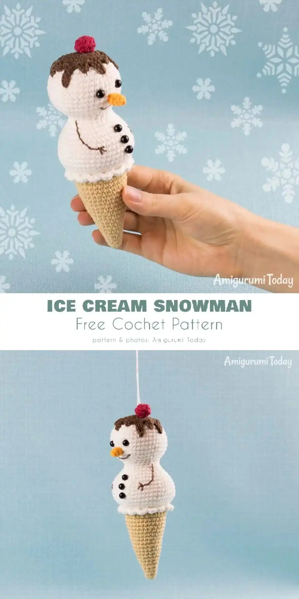 Crocheted ice cream snowman amigurumi in pastel colors with a waffle cone base