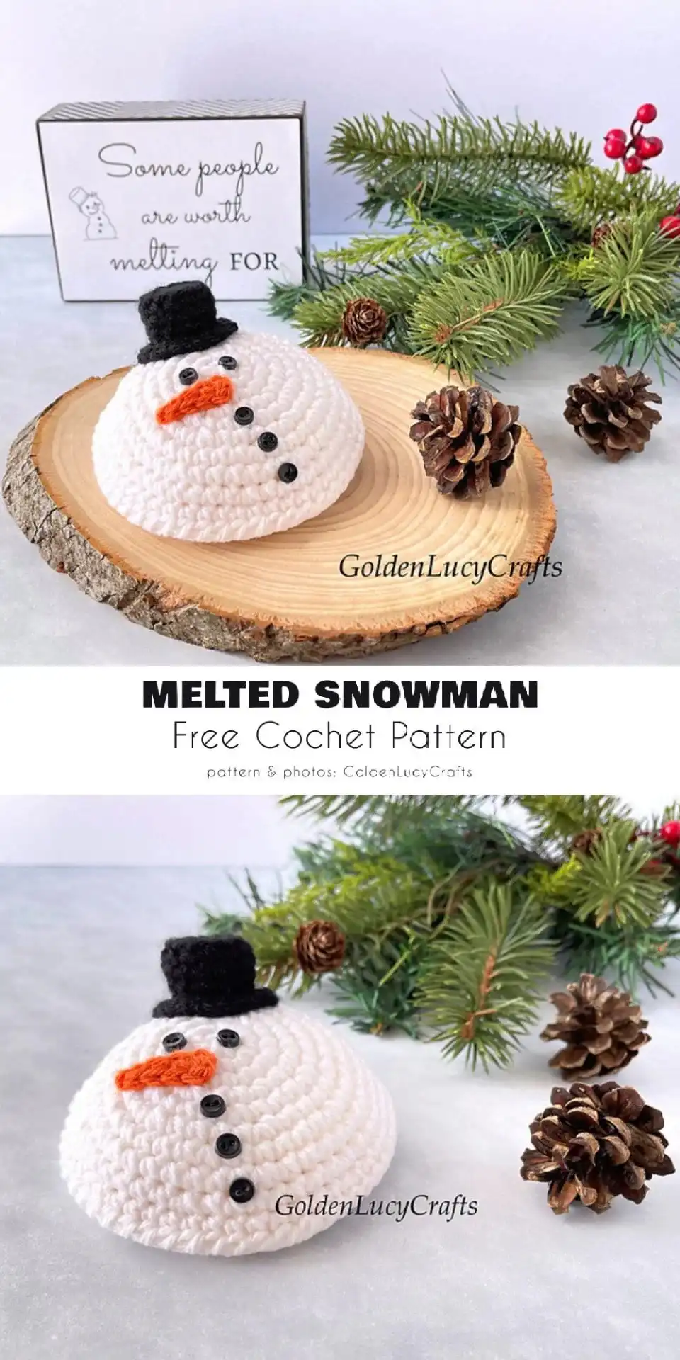 Whimsical melted snowman amigurumi with a carrot nose and twig arms slumped on a surface
