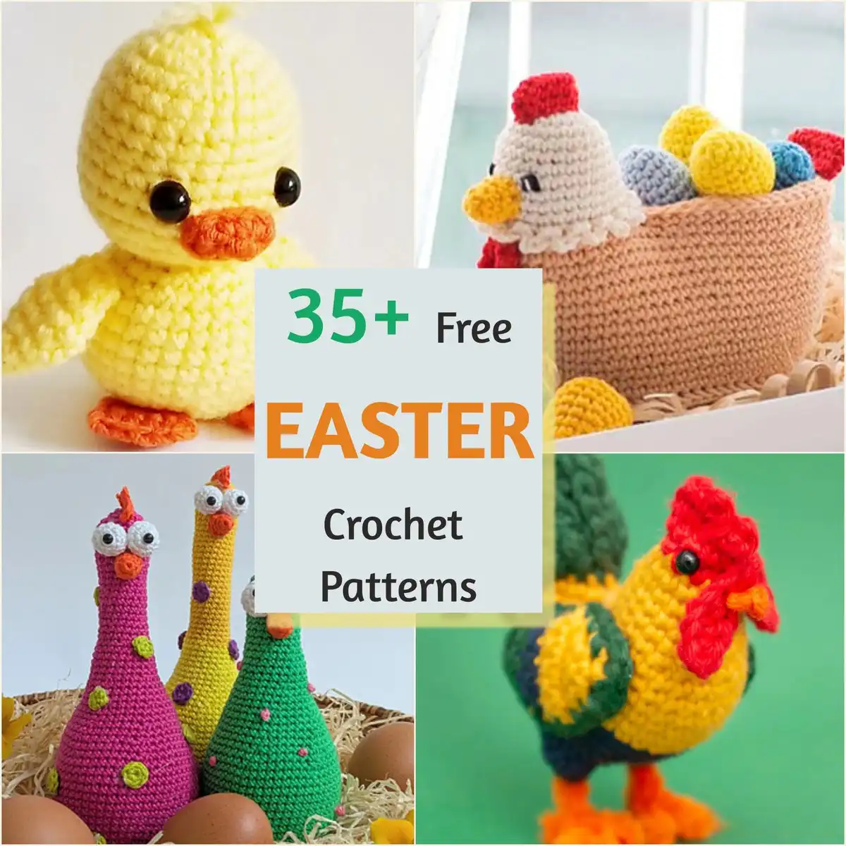 A vibrant collection of crocheted Easter decorations featuring bunnies, chicks, eggs, and baskets, perfect for 35+ Best Free Easter Crochet Pattern Ideas