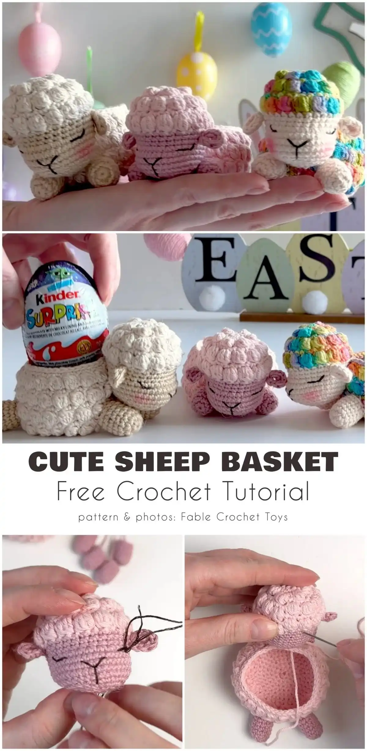 A gray crocheted bunny basket with long ears and floral accents, shown empty and filled with eggs, a delightful piece from 35+ Best Free Easter Crochet Pattern Ideas