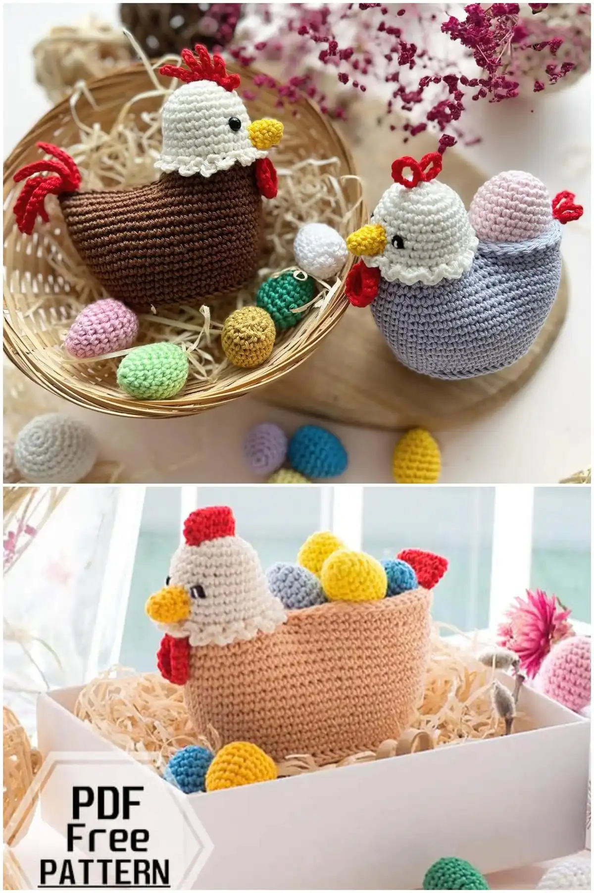 Three colorful crocheted hens with googly eyes standing on straw, depicting a silly hen design from 35+ Best Free Easter Crochet Pattern Ideas