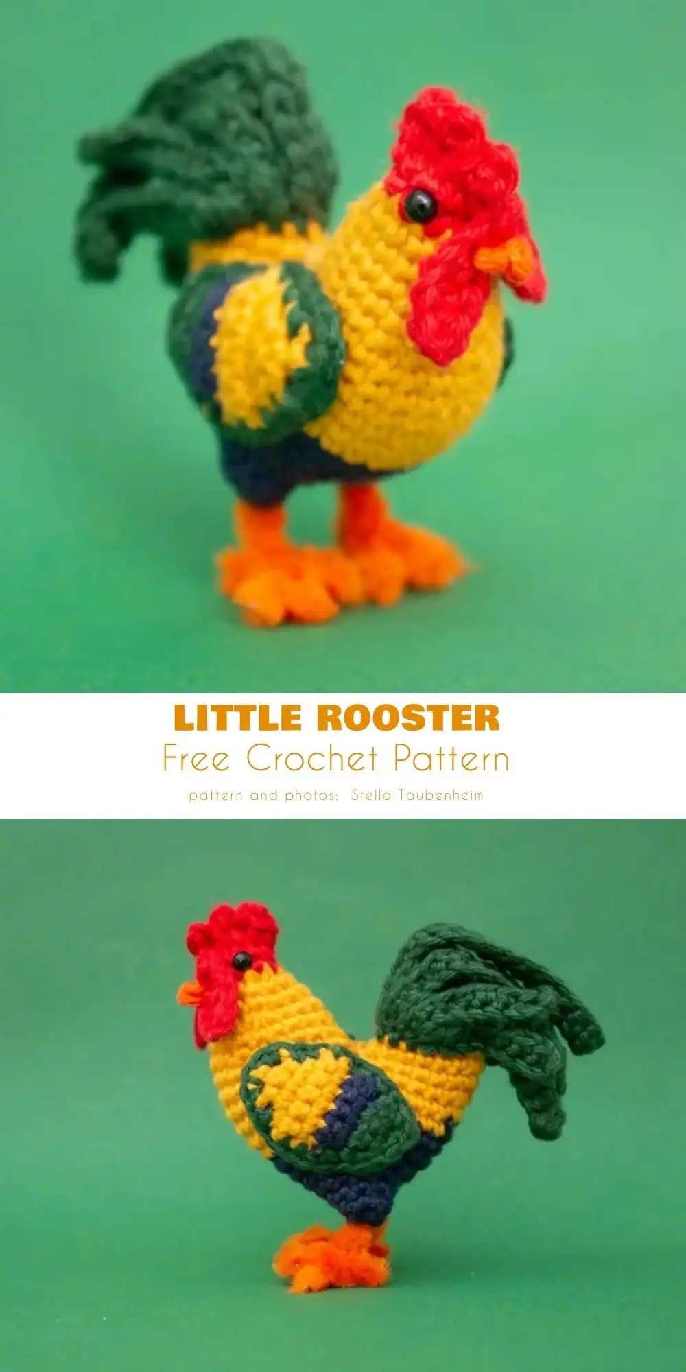 A vibrant crocheted rooster with a red comb and colorful tail feathers, an example from 35+ Best Free Easter Crochet Pattern Ideas