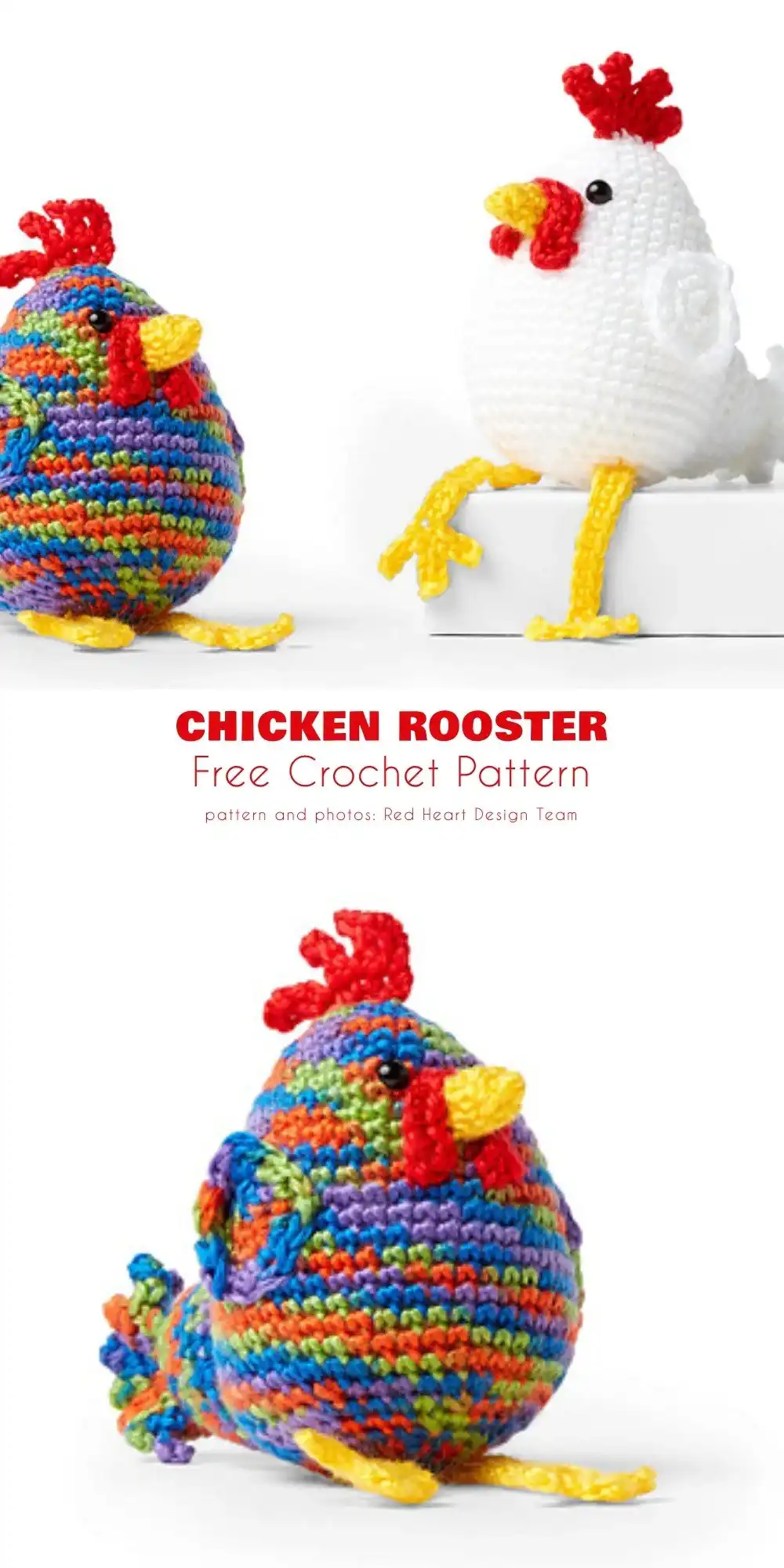 A whimsical and funny crocheted rooster with expressive eyes, part of the 35+ Best Free Easter Crochet Pattern Ideas collection