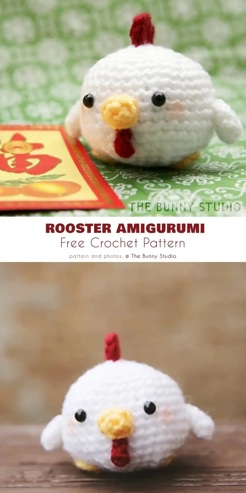 A colorful and unique crocheted chicken rooster made from varied yarn, showcasing creative use of scraps in 35+ Best Free Easter Crochet Pattern Ideas