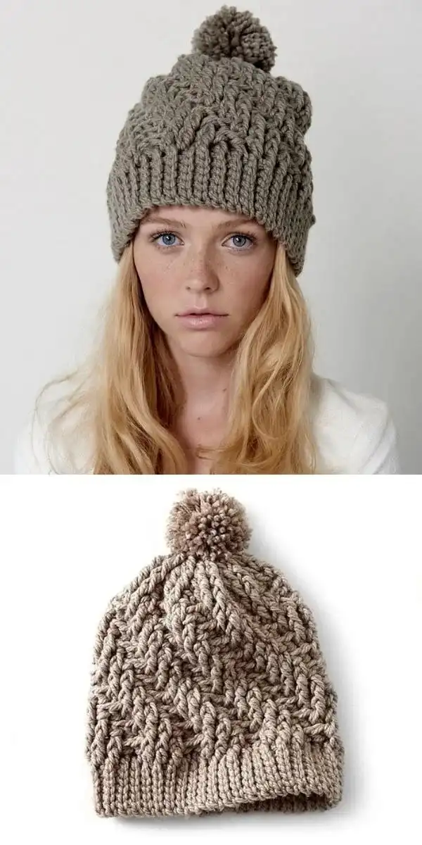 Basketweave crochet beanie showing its dense, woven-like texture for ultimate warmth from 35 Free Crochet Hat Patterns.