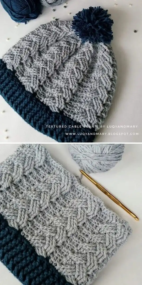 Cabled slouchy crochet hat showcasing intricate cable work and a relaxed fit, from 35 Free Crochet Hat Patterns.