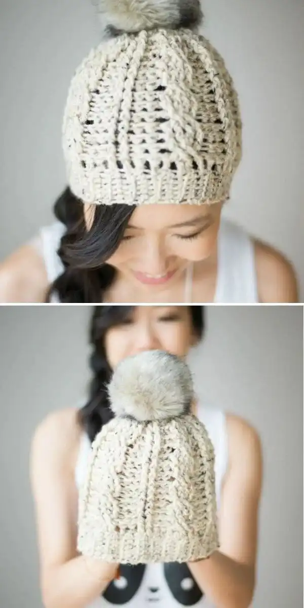 Chunky ribbed brim crochet hat with a wide, cozy brim, providing extra warmth from 35 Free Crochet Hat Patterns.