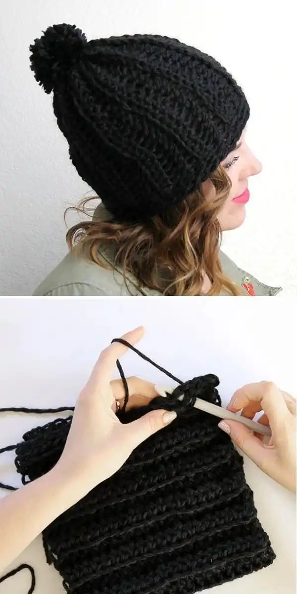 Chunky crochet beanie in a vibrant color with an oversized pom-pom, a cozy option from 35 Free Crochet Hat Patterns.