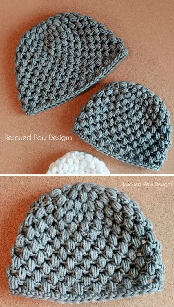 Messy bun crochet hat worn by a person with hair pulled through the crown opening, from 35 Free Crochet Hat Patterns.