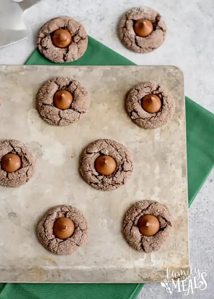 Easy Cake Mix Kiss Cookies, soft and chewy with a Hershey's Kiss in the center.
