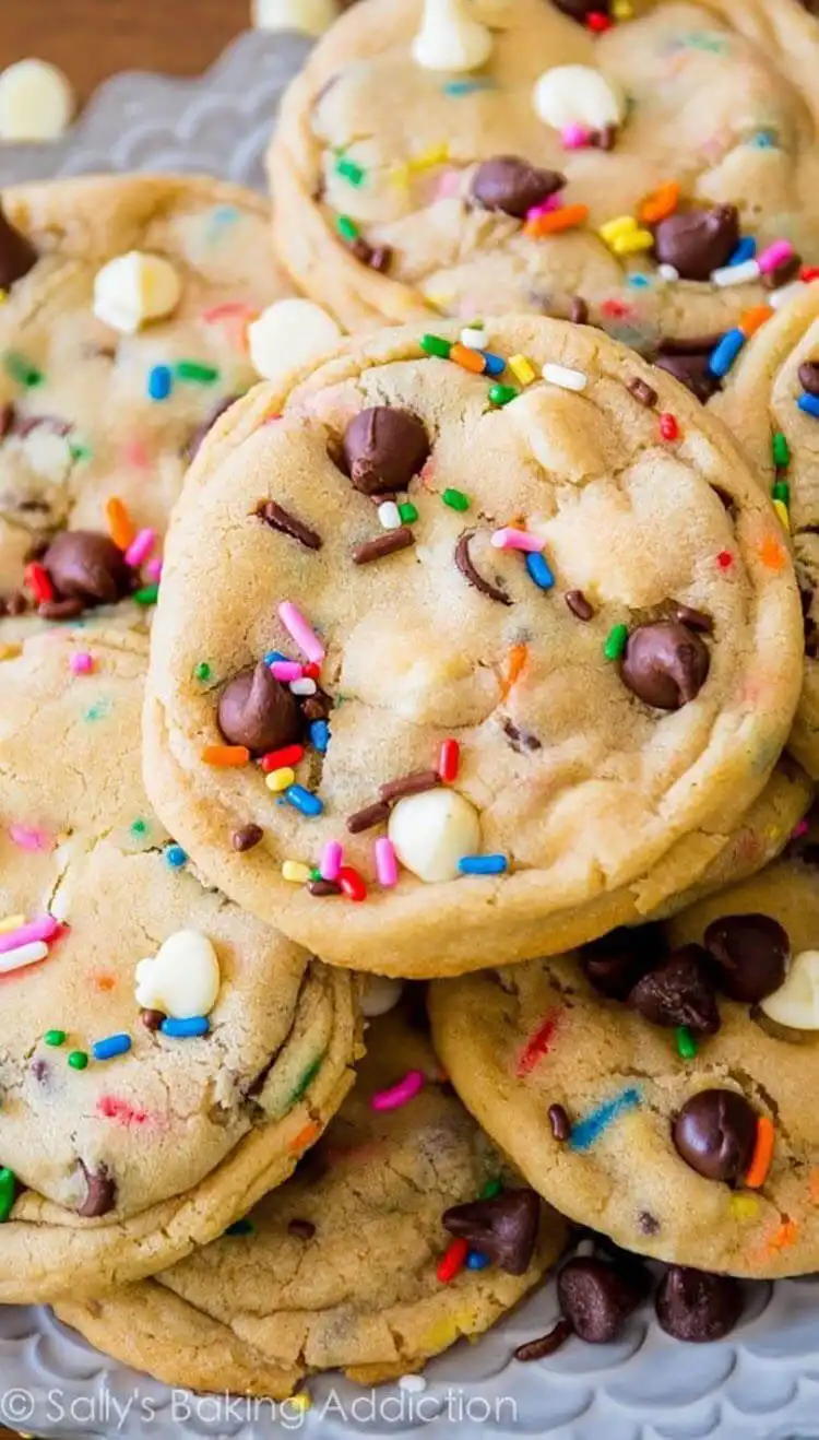 Cake Batter Chocolate Chip Cookies, soft and chewy with melted chocolate chips.
