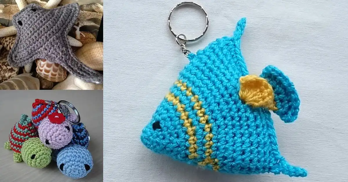 Vibrant collection of 5 crochet sea creature keychains including an octopus, starfish, jellyfish, fish, and crab, showcasing diverse colors and textures.