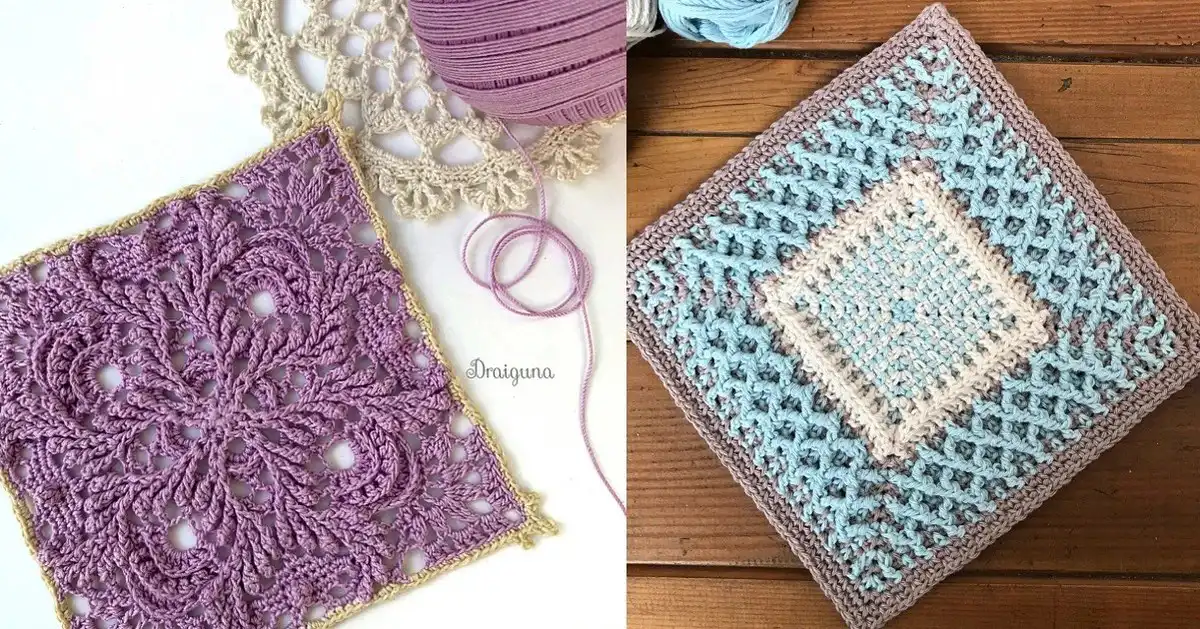 A collection of 5 Amazing Squares with a Border Free Crochet Patterns displayed together, showcasing diverse textures and colors.