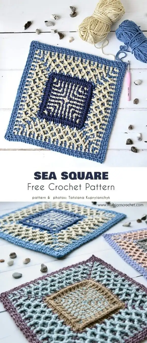 Highly textured Sea Square crochet pattern with marine-themed details.