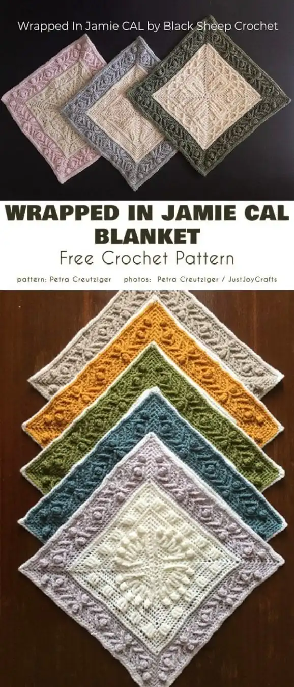 Richly textured squares from the Wrapped in Jamie CAL blanket, resembling garden plots.