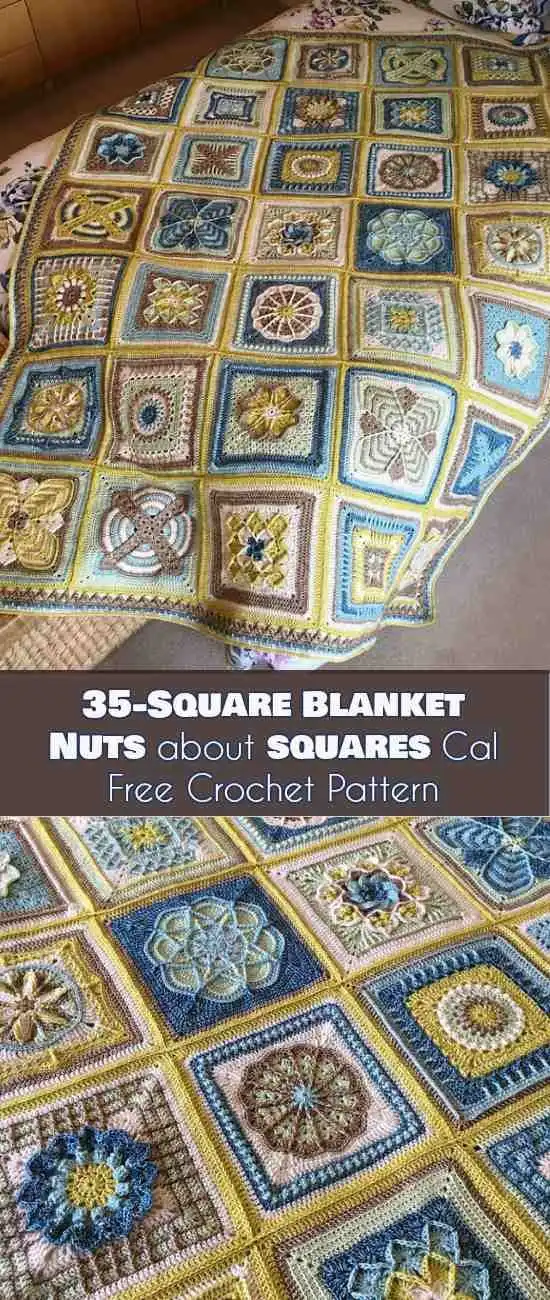 Vibrant geometric squares from the Nuts About Squares CAL, showcasing diverse patterns and borders.